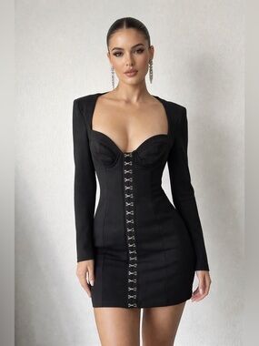 Adika Black Long Sleeve Dress with Clasp Detail